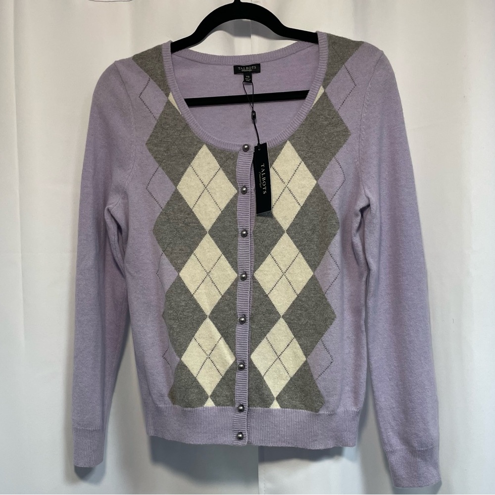 Talbots Lavender and Gray Argyle Cardigan